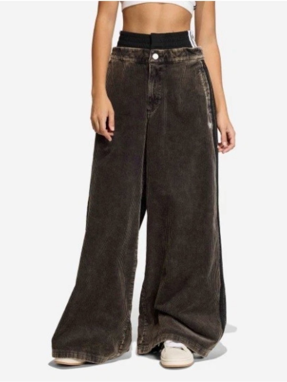 adidas Wide-Leg Corduroy Pants in Dark Brown with Black Waistband